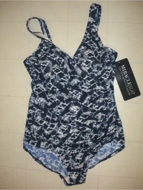 Miraclesuit Navy and White Patterned One-Piece with V-Neck